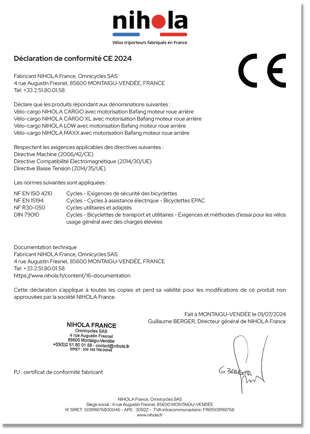 Certificat de conformité moteur électrique Bafang